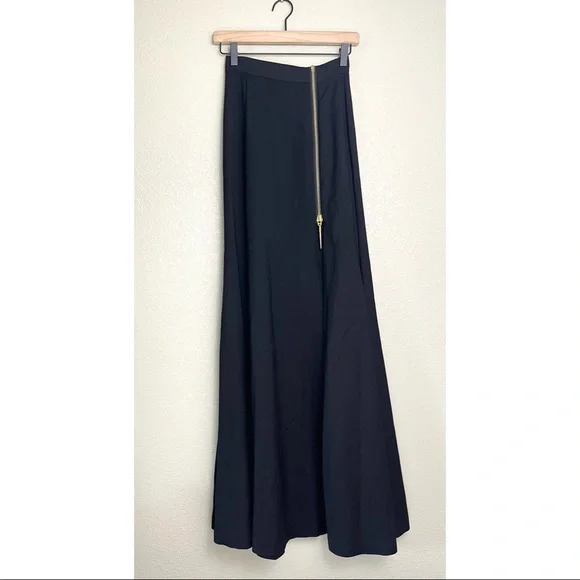 Monika Chiang Side Slit Maxi Skirt 00 Black High Waisted Gold Zip Flare Full - Picture 5 of 9